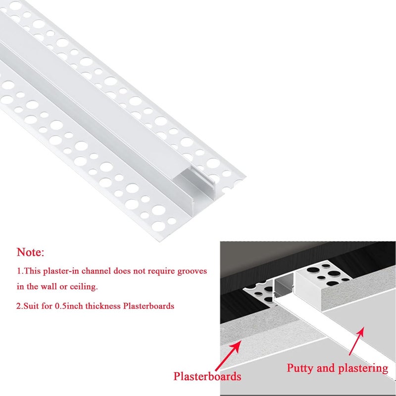 LIGHTOTECH 6Pack 6.6FT/2 Meter Plaster-in LED Drywall Aluminum Channel with Flange for 12mm Strip Lights, Recessed Aluminium LED Profile with Clip-in Diffuser and End Caps - Image 3